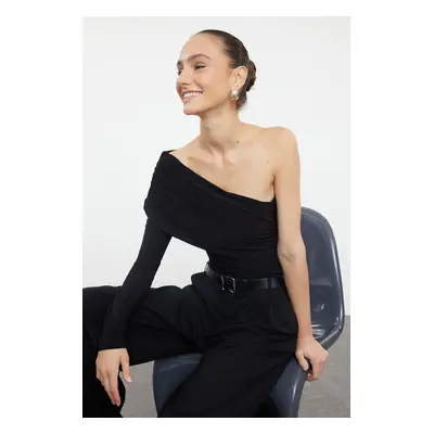 Trendyol Black Single Sleeve Drape Detailed Asymmetrical Fitted Regular/Normal Flexible Knitted 