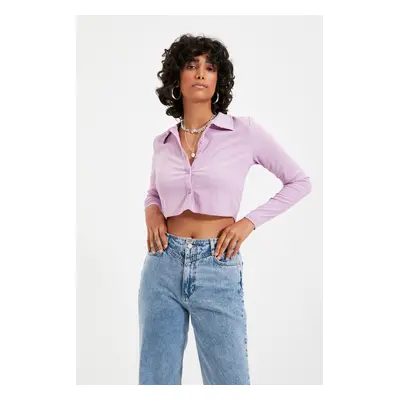 Trendyol Lilac Button Fitted Polo Neck Wrap/Textured Crop Knitted Blouse