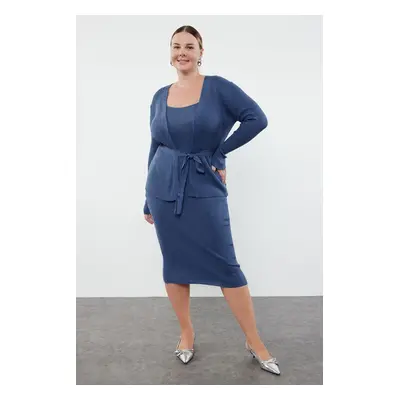 Trendyol Curve Indigo Ribbed Belted Midi Length 2-Piece Plus Size & Maternity Knitwear Cardigan-