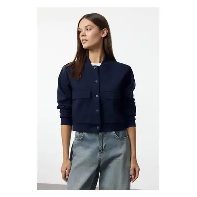 Trendyol Navy Blue Padded Buttoned Stand Collar Interlock Crop Jacket