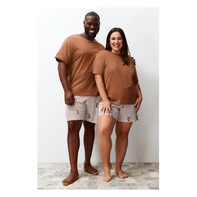 Trendyol Curve Brown Teddy Bear Pattern Knitted Couple Pajamas Set