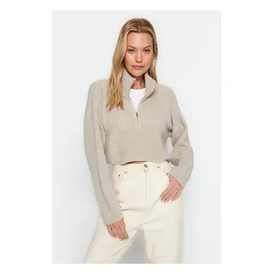 Trendyol Stone Super Crop Zippered Knitwear Sweater