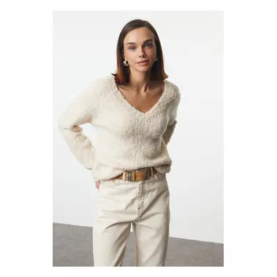 Trendyol Stone Wide Pattern Deep V Neck Knitwear Sweater