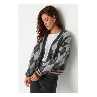 Trendyol Gray Soft Textured Diamond Patterned Knitwear Cardigan