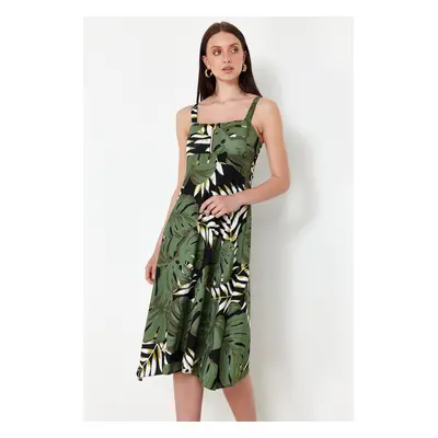 Trendyol Green Floral Printed Strap Zip A-line/Bell Opening Midi Knitted Dress