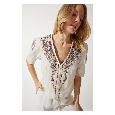 Happiness İstanbul Women's Beige Embroidered Balloon Sleeve Linen Blouse