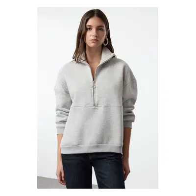 Trendyol Gray Melange Oversize / Wide Fit Half Zipper Thick Inside Fleece Knitted Sweatshirt