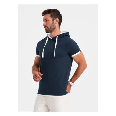 Ombre Casual men's cotton t-shirt with hood - navy blue