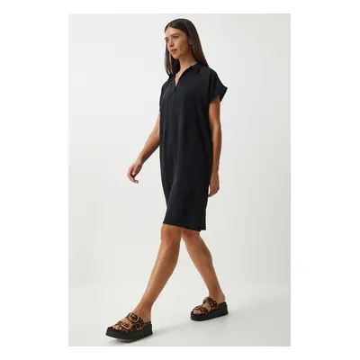 Happiness İstanbul Women's Black Polo Neck Summer Loose Linen Ayrobin Dress