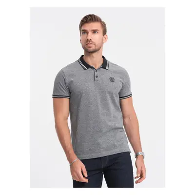 Ombre Men's melange polo shirt with striped collar - black melange