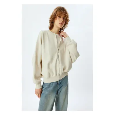 Koton Oversize Zippered Sweatshirt with Stitched Detail and Crew Neck