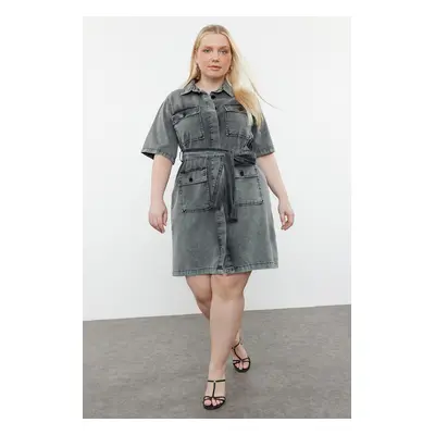 Trendyol Curve Dark Blue Belt Detailed Mini Denim Shirt Dress