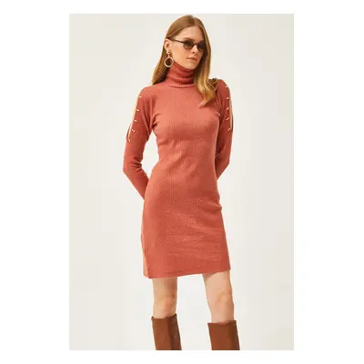 Olalook Women's Tile Decollete Decollete Bead Detailed Turtleneck Raised Dress