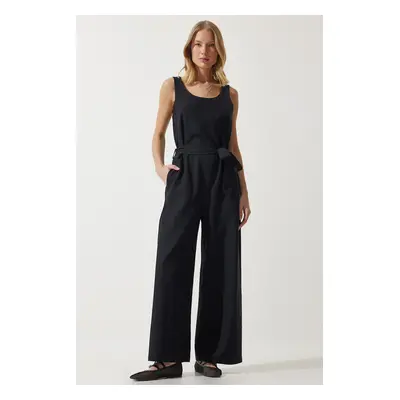 Happiness İstanbul Women's Black Belted Linen Jumpsuit