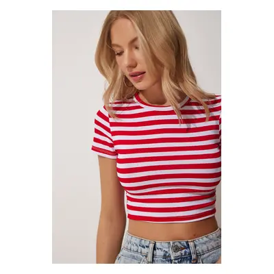 Happiness İstanbul Women's Red White Striped Crop Knitted T-Shirt