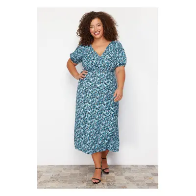 Trendyol Curve Multicolored Floral Double Breasted Midi Knit Plus Size Dress