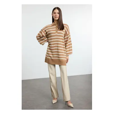 Trendyol Camel Striped Balloon Sleeve Polo Neck Knitwear Sweater