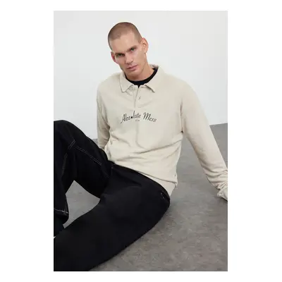 Trendyol Stone Oversize/Wide Cut Letter Printed Polo Neck Sweatshirt