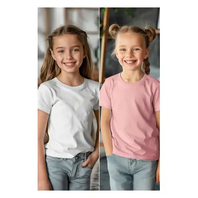 Trendyol White-Pink Girl's Double Basic Package Crew Neck Knitted T-Shirt