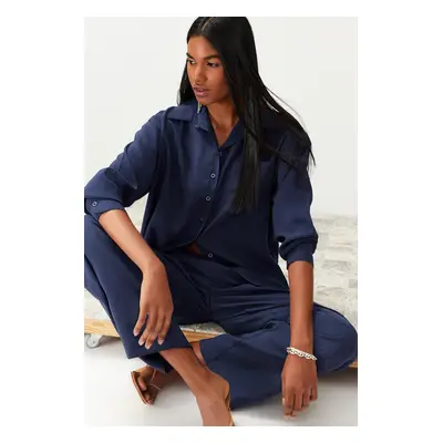 Trendyol Navy Blue Modal Blend Woven Shirt-Pants Set