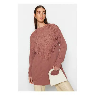 Trendyol Dusty Rose Openwork and Tassel Detailed Tiko Thessaloniki Knitted Sweater