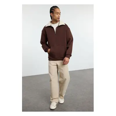 Trendyol Brown Oversize/Wide Cut Stand Collar Zippered Polar Fleece Inside/Warm Sweatshirt