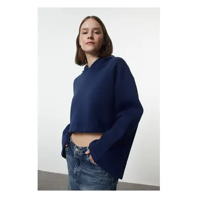 Trendyol Navy Blue Thick Fleece Inside Relaxed Cut Crop Spanish Sleeve Hooded Knitted Sweatshirt