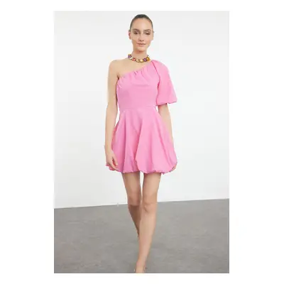 Trendyol Pink A-Line One Shoulder Balloon Skirt Detailed Woven Poplin Short Dress