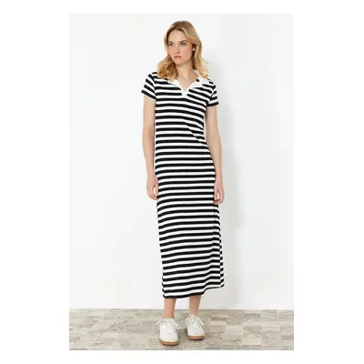 Trendyol Black Striped Striped Polo Collar Fitted Ribbed Flexible