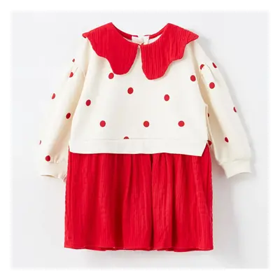 LC Waikiki Lcw Baby Ecru Printed Baby Collar Long Sleeve Polka Dot Baby Girl Dress