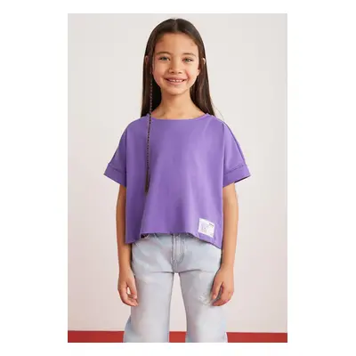 GRIMELANGE Verena Girls' 100% Cotton Double Sleeve Ornamental Label Purple T-shir