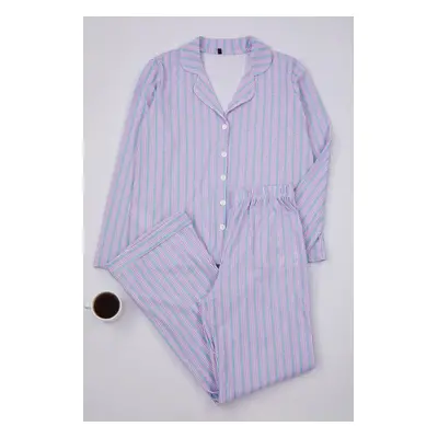 Trendyol Lilac-Multicolored 100% Cotton Striped Shirt-Pants Knitted Pajama Set