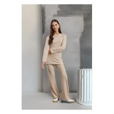 Trendyol Beige Soft Long Sleeve Crew Neck Blouse and Trousers Flexible Knitted Top-Bottom Set