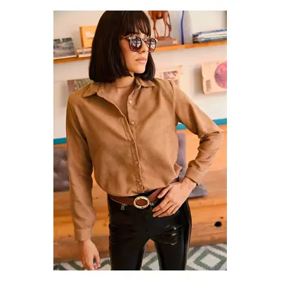 Olalook Women's Milk Brown Slim Corduroy Corduroy Shirt