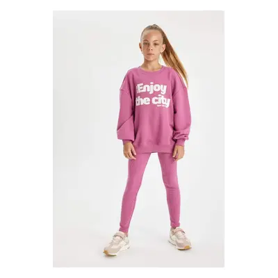 DEFACTO Girl 2-Piece Set Crew Neck Printed Sweatshirt Basic Plain Long Tights