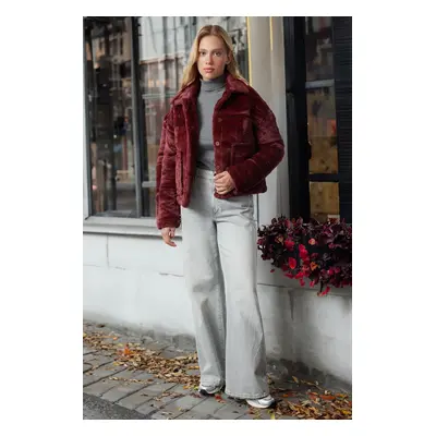 Trendyol Claret Red Oversize Quilted Detail Plush Coat