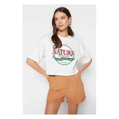 Trendyol White 100% Cotton Printed Relaxed/Wide, Comfortable Cut Crop Crew Neck Knitted T-Shirt