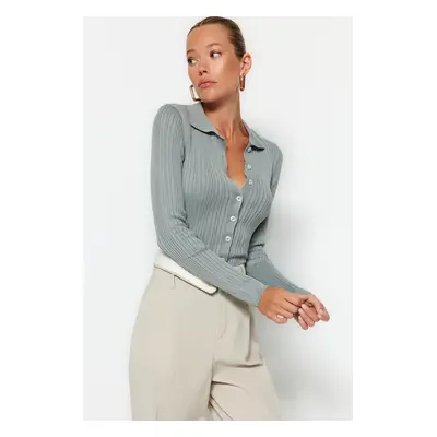 Trendyol Grey Ribbed Polo Collar Knitwear Cardigan