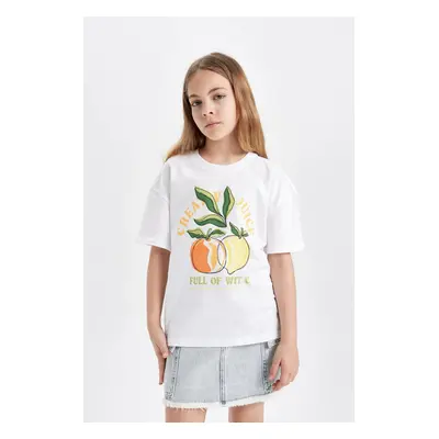 DEFACTO Girl Relax Fit Crew Neck Printed Short Sleeve T-Shirt