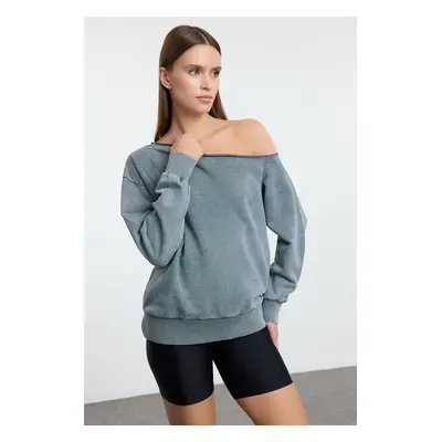 Trendyol Anthracite Washed Oversize/Wide Fit Asymmetrical Collar Thick Knitted Sweatshirt