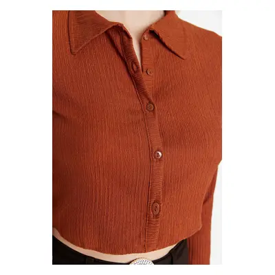 Trendyol Tile Buttoned Fitted/Situated Polo Neck Crepe/Textured Crop Knitted Blouse