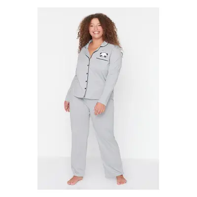 Trendyol Curve Gray Melange Shirt Collar Panda Printed Knitted Pajama Set