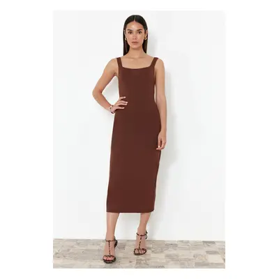 Trendyol Dark Brown Plain Maxi Square Collar Knitwear Dress