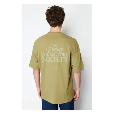 Trendyol Khaki Oversize/Wide Cut Raised Text Printed 100% Cotton T-Shirt