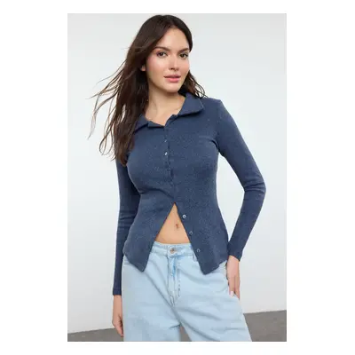 Trendyol Indigo Buttoned Fitted/Fits Body Stretch Knit Blouse