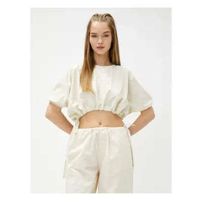 Koton Crop Blouse with Tie Waist Detail, Balloon Sleeves, Crew Neck