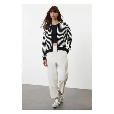 Trendyol Black Hooded Striped Knitted Cardigan