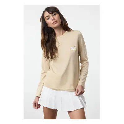 Trendyol Beige 100% Cotton Embroidered Long Sleeve Regular/Normal Cut Basic Knitted T-Shirt