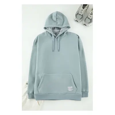 Trendyol Grey Plus Size Hooded Labeled Fleece/Warm Sweatshirt