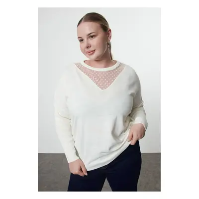 Trendyol Curve Ecru Tulle Detailed Off Shoulder Thin Knit Sweater